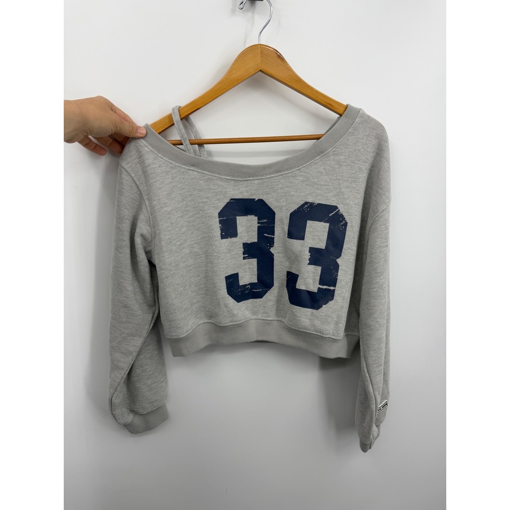 Elfric Eden 33 Graphic Cropped Sweatshirt sz XS Gray Off Shoulder Cold-Shoulder